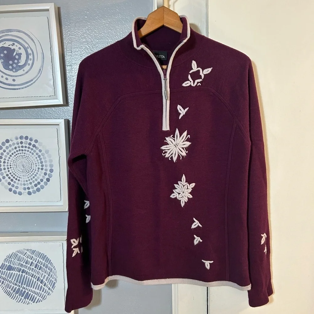 Athleta Wool Blend 1/4 Zip Pullover Sweater Plum Color White Embroidery Size L